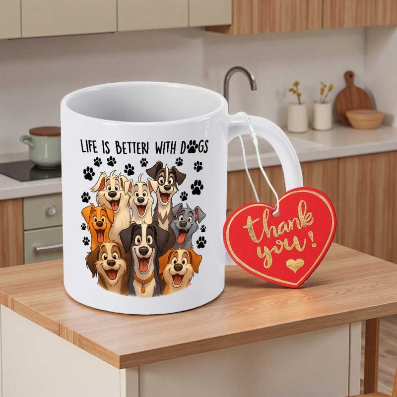 Tailorly White Ceramic 11 oz Mug - Life Is Better With Dogs Joyful Collection Of Various Smiling Cartoon Canines Among Tiny Black Paw Prints Dogs