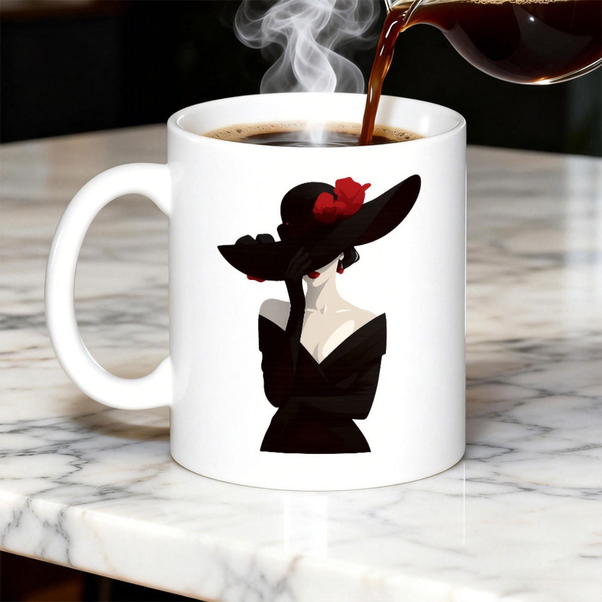 Tailorly White Ceramic 11 oz Mug - Elegant Silhouette With Large Black Hat And Red Flower Details Sophisticated Woman
