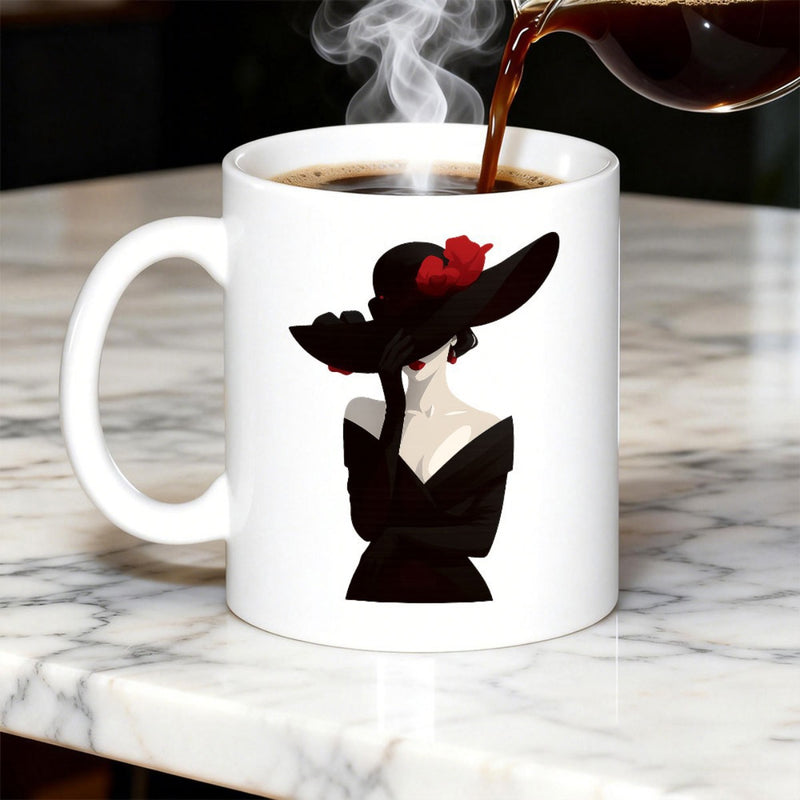 Tailorly White Ceramic 11 oz Mug - Elegant Silhouette With Large Black Hat And Red Flower Details Sophisticated Woman