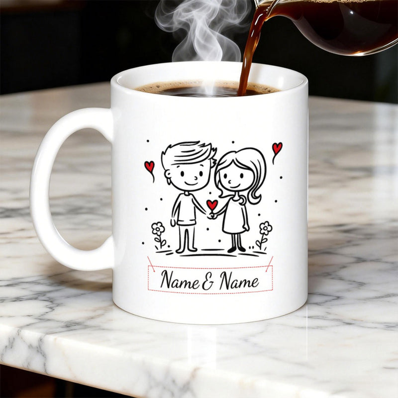 Tailorly White Ceramic 11 oz Mug - Name Name Hand Drawn Artistic Line Drawing Of Sweet Lovers Holding Hearts Couple