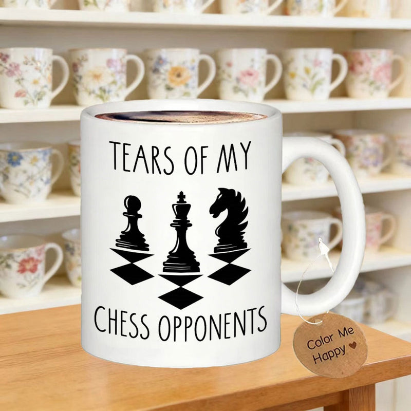 Tailorly White Ceramic 11 oz Mug - Tears Of My Chess Opponents Three Black Strategy Game Pieces Standing Over A Minimalist Checkerboard Pattern Chess