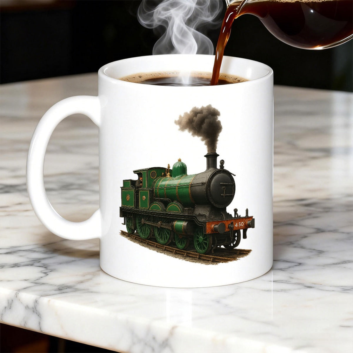 Tailorly White Ceramic 11 oz Mug - Classic Vintage Green Steam Locomotive With Billowing Dark Smoke Tracks Train