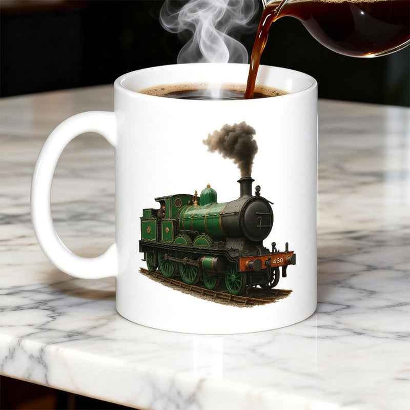 Tailorly White Ceramic 11 oz Mug - Classic Vintage Green Steam Locomotive With Billowing Dark Smoke Tracks Train