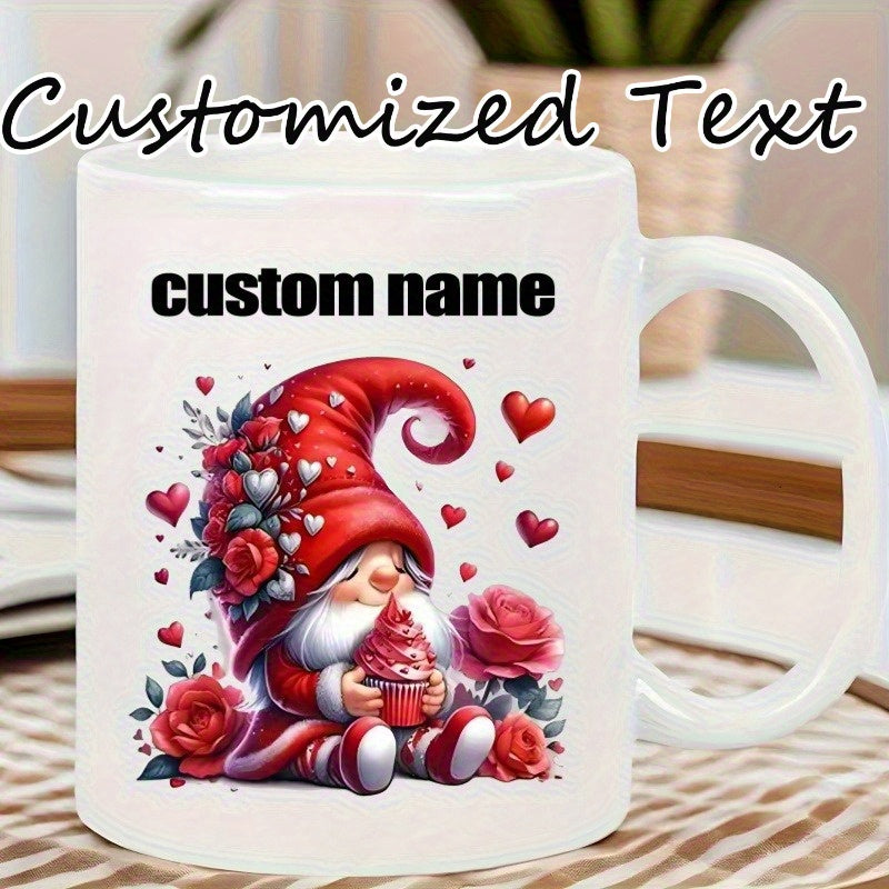 Tailorly White Ceramic 11 oz Mug - Customized Text Custom Name Adorable Gnome Wearing Red Hat Surrounded By Roses And Floating Hearts Gnome