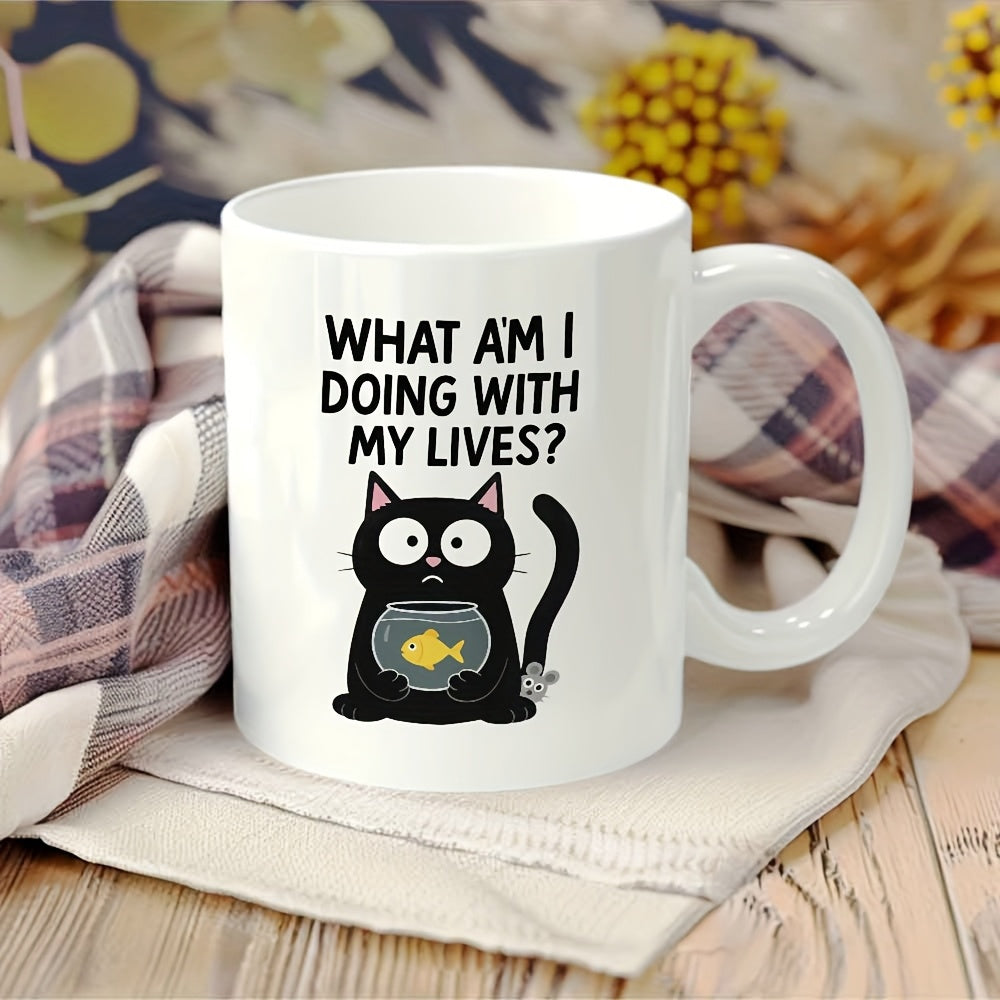 Tailorly White Ceramic 11 oz Mug - What Am I Doing With My Lives Cute Cartoon Black Cat Holding A Small Goldfish Bowl With Large Eyes Cat