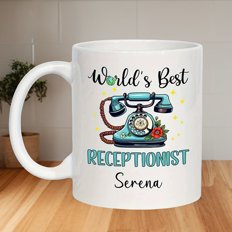 Tailorly White Ceramic 11 oz Mug - Worlds Best Receptionist Serena Vintage Rotary Phone With Floral Accents And Sparkling Stars Background Telephone