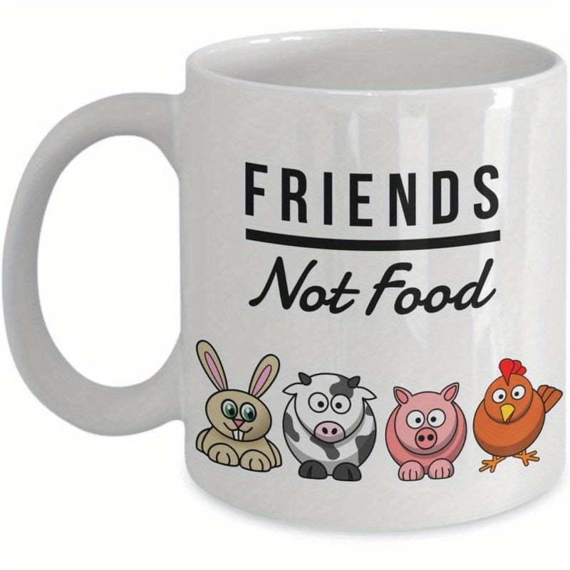 Tailorly White Ceramic 11 oz Mug - Friends Not Food Adorable Minimalist Cartoon Farm Creatures Standing In A Horizontal Row Animals