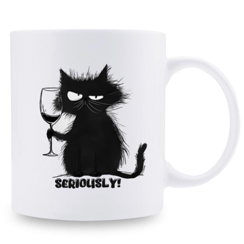 Tailorly White Ceramic 11 oz Mug - Seriously Messy Scruffy Furry Animal Holding A Wine Glass With Grumpy Expression Cat