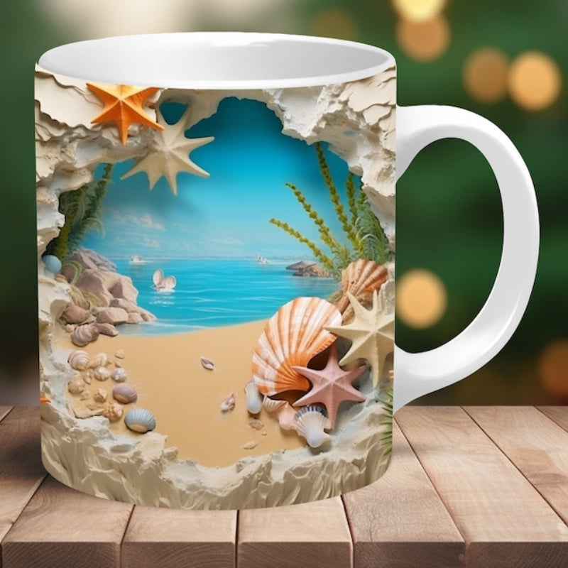 Tailorly White Ceramic 11 oz Mug - Tropical Beach Scene With Colorful Starfish And Seashells Under Clear Blue Sky Seascape