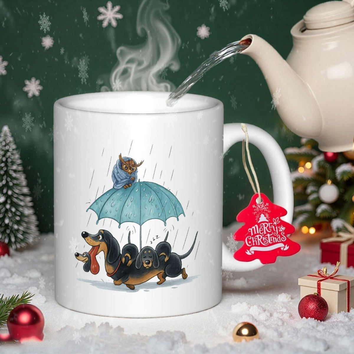 Tailorly White Ceramic 11 oz Mug - Merry Christmas Adorable Black And Tan Puppies Under A Blue Umbrella Rain Dachshund