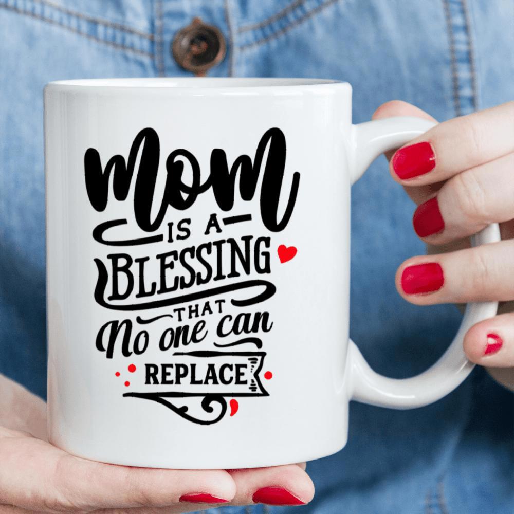 Tailorly White Ceramic 11 oz Mug - Mom Is A Blessing That No One Can Replace Elegant Script Lettering With Delicate Swirling Flourishes And Red Heart