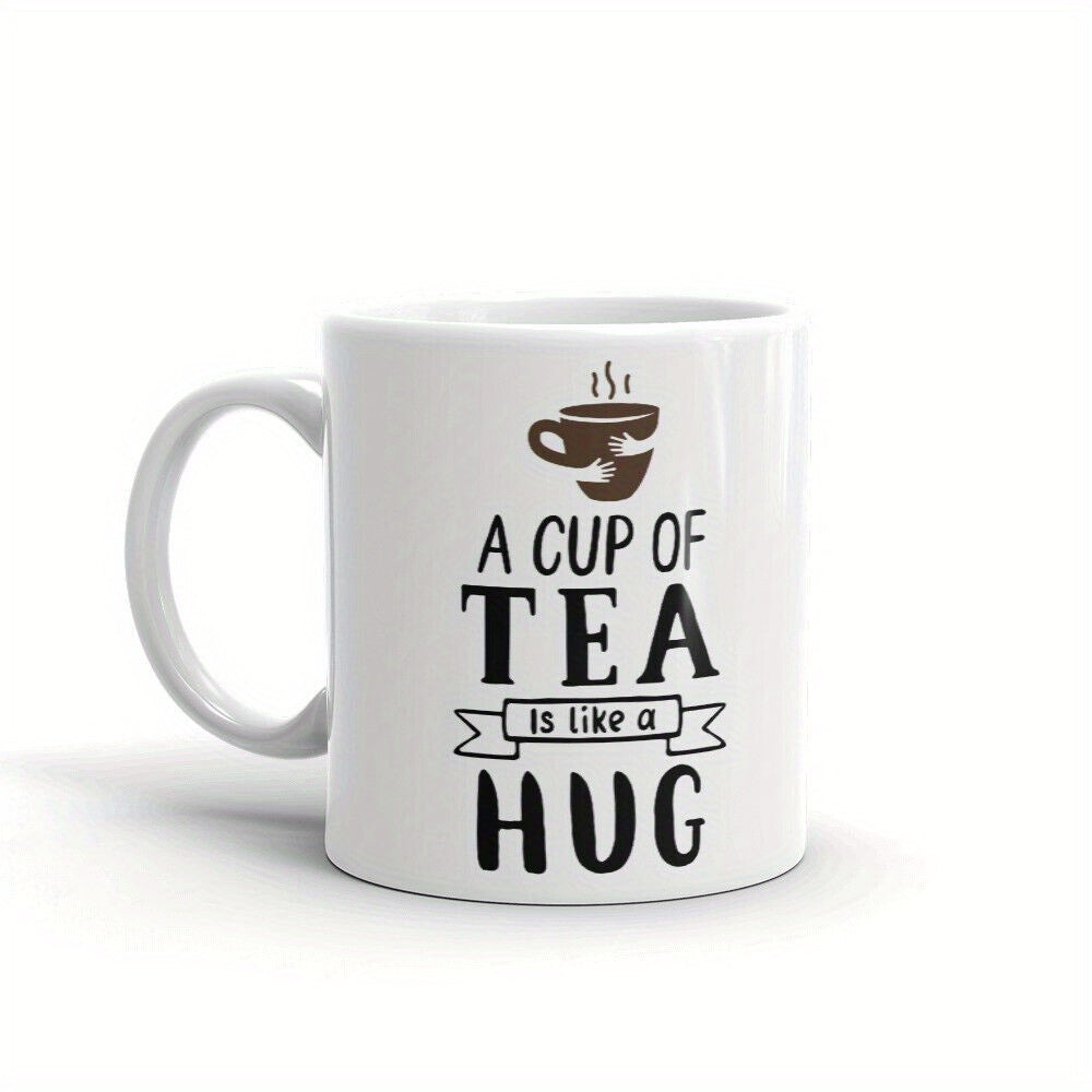 Tailorly White Ceramic 11 oz Mug - A Cup Of Tea Is Like A Hug Minimalist White Ceramic Vessel With Steam Lines And Hugging Arms Illustration Mug