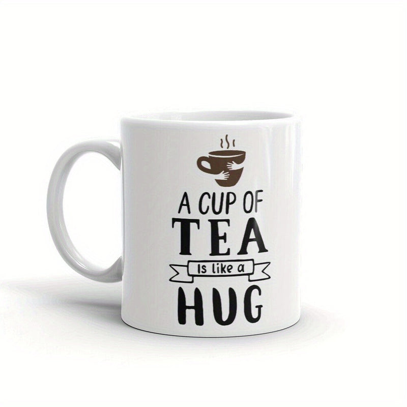 Tailorly White Ceramic 11 oz Mug - A Cup Of Tea Is Like A Hug Minimalist White Ceramic Vessel With Steam Lines And Hugging Arms Illustration Mug