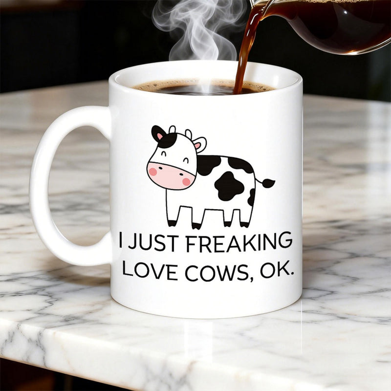 Tailorly White Ceramic 11 oz Mug - I Just Freaking Love Cows Ok Hand Drawn Minimalist Black And White Spotted Cartoon Farm Animal Cow