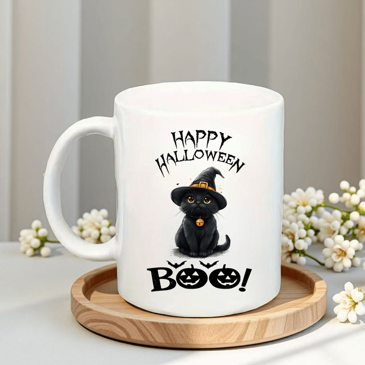 Tailorly White Ceramic 11 oz Mug - Happy Halloween Boo Adorable Black Kitten Wearing Pointed Witch Hat For Spooky Celebration Cat