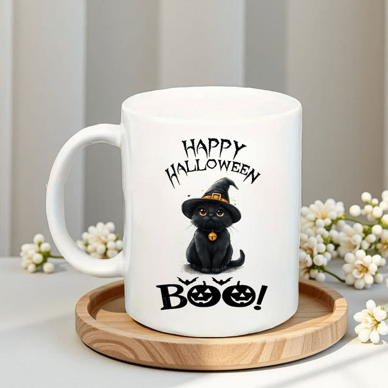 Tailorly White Ceramic 11 oz Mug - Happy Halloween Boo Adorable Black Kitten Wearing Pointed Witch Hat For Spooky Celebration Cat