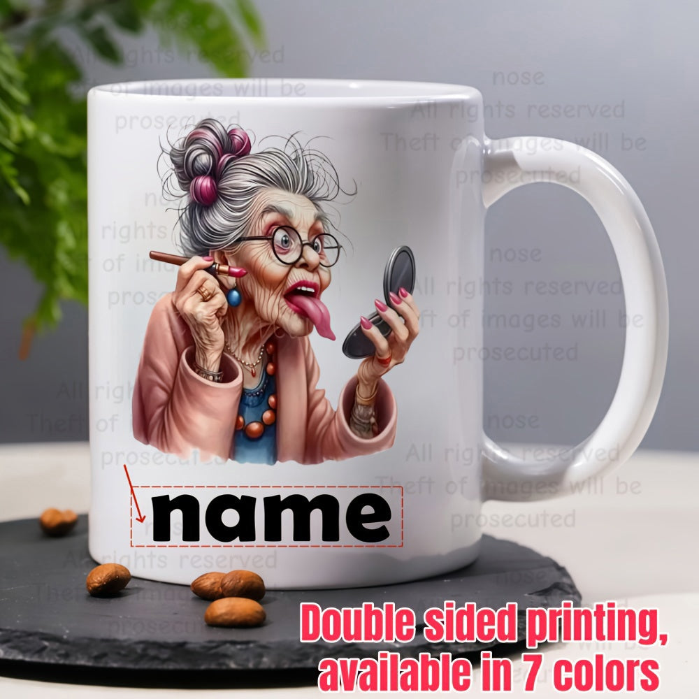 Tailorly White Ceramic 11 oz Mug - Funny Sassy Elderly Lady Applying Makeup And Holding Compact Mirror Grandma