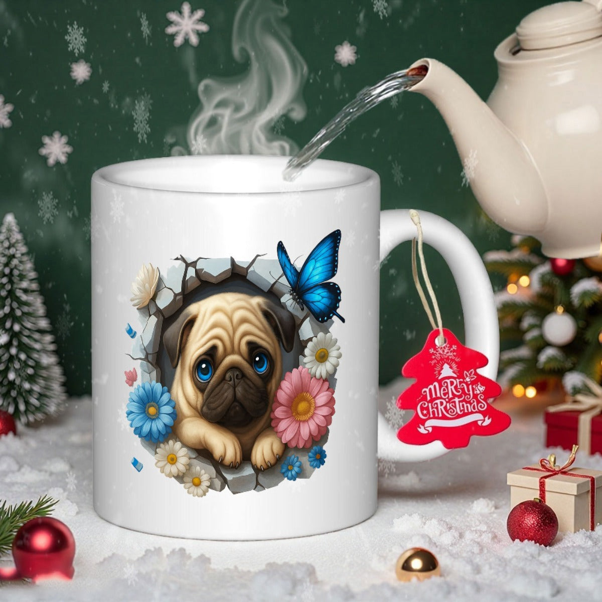 Tailorly White Ceramic 11 oz Mug - Adorable Little Dog Peeking Through Cracked Wall With Colorful Flowers And Butterfly Pug