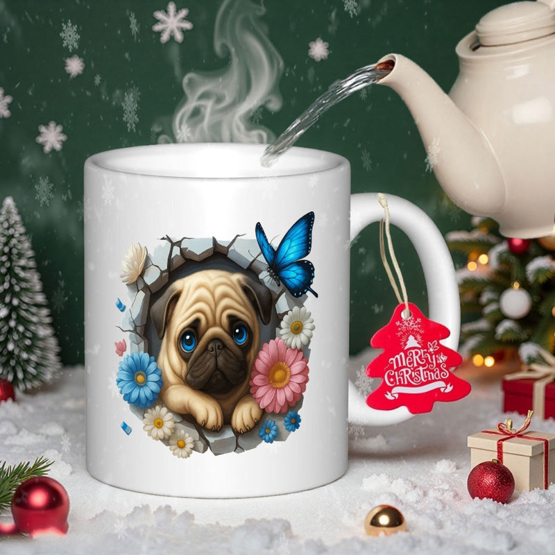 Tailorly White Ceramic 11 oz Mug - Adorable Little Dog Peeking Through Cracked Wall With Colorful Flowers And Butterfly Pug