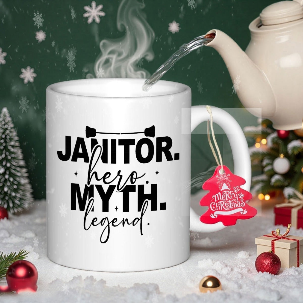 Tailorly White Ceramic 11 oz Mug - Janitor Hero Myth Legend White Ceramic Vessel With Bold Black Typography Among Festive Holiday Decorations Mug