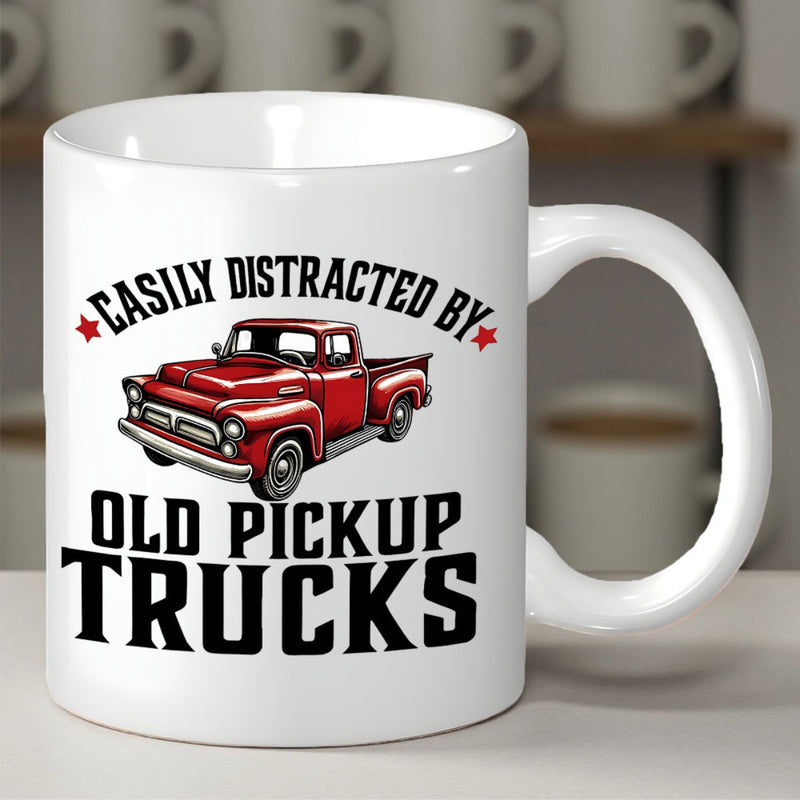 Tailorly White Ceramic 11 oz Mug - Easily Distracted By Old Pickup Trucks Classic Red Vintage Vehicle Parked On A White Background With Stars Truck