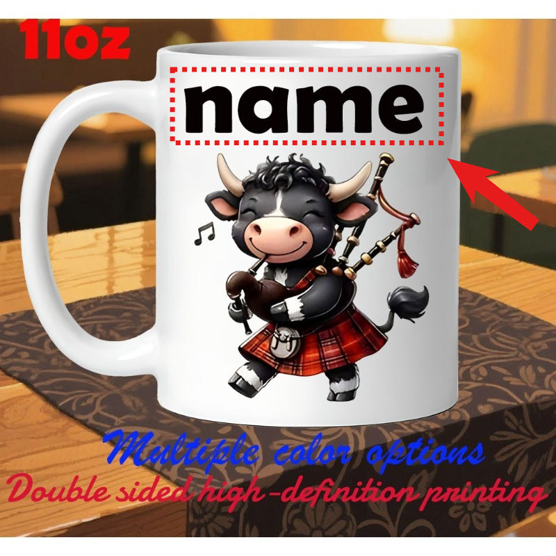Tailorly White Ceramic 11 oz Mug - Name Adorable Cartoon Scottish Highland Cow Playing Bagpipes Red Tartan Mug