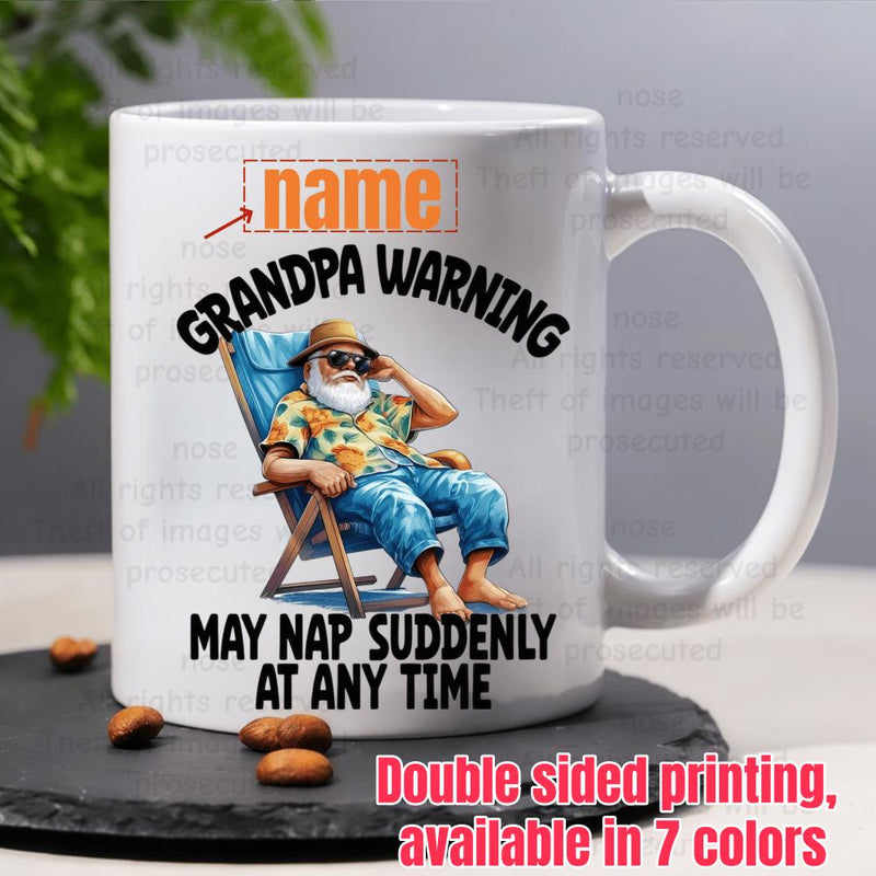 Tailorly White Ceramic 11 oz Mug - Grandpa Warning May Nap Suddenly At Any Time Relaxing On Beach Chair Wearing Sunglasses And Summer Shirt Grandpa