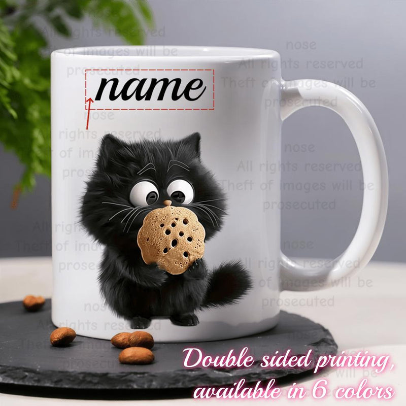 Tailorly White Ceramic 11 oz Mug - Name Adorable Fluffy Black Kitten With Large Eyes Holding Tasty Round Cookie Cat