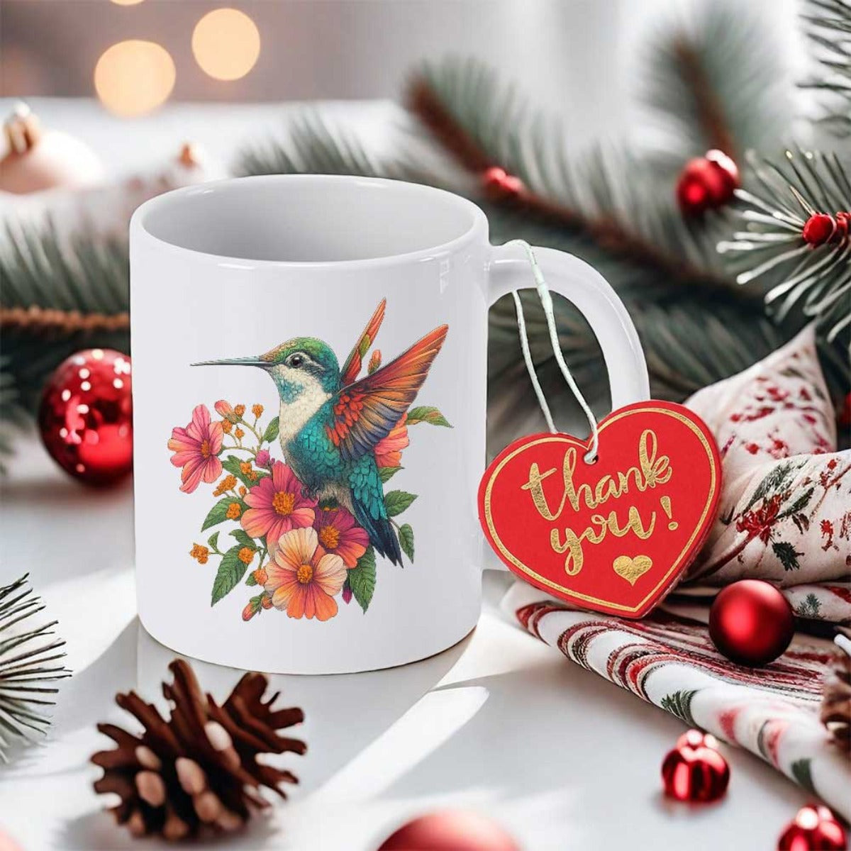 Tailorly White Ceramic 11 oz Mug - Thank You Vibrant Colorful Bird Hovering Among Blooming Pink And Orange Flowers Hummingbird