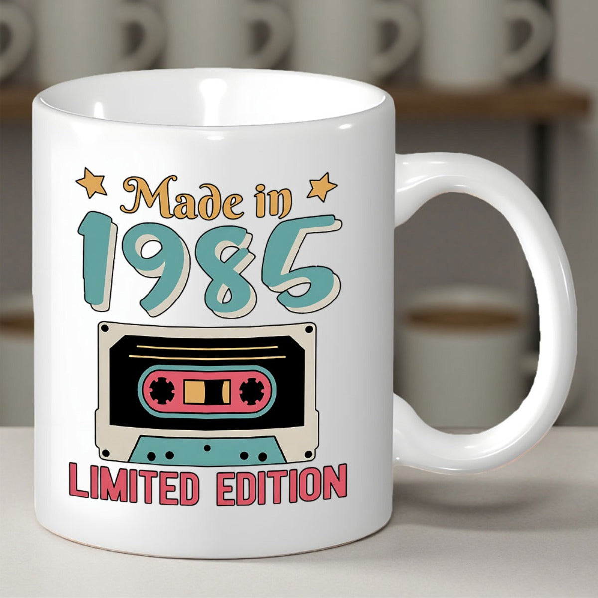 Tailorly White Ceramic 11 oz Mug - Made In 1985 Limited Edition Classic Nostalgic Cassette Tape Featuring Vibrant Retro Colors And Aesthetic Design Cassette