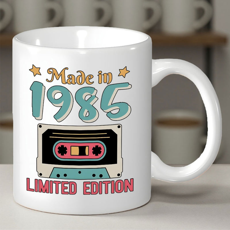 Tailorly White Ceramic 11 oz Mug - Made In 1985 Limited Edition Classic Nostalgic Cassette Tape Featuring Vibrant Retro Colors And Aesthetic Design Cassette