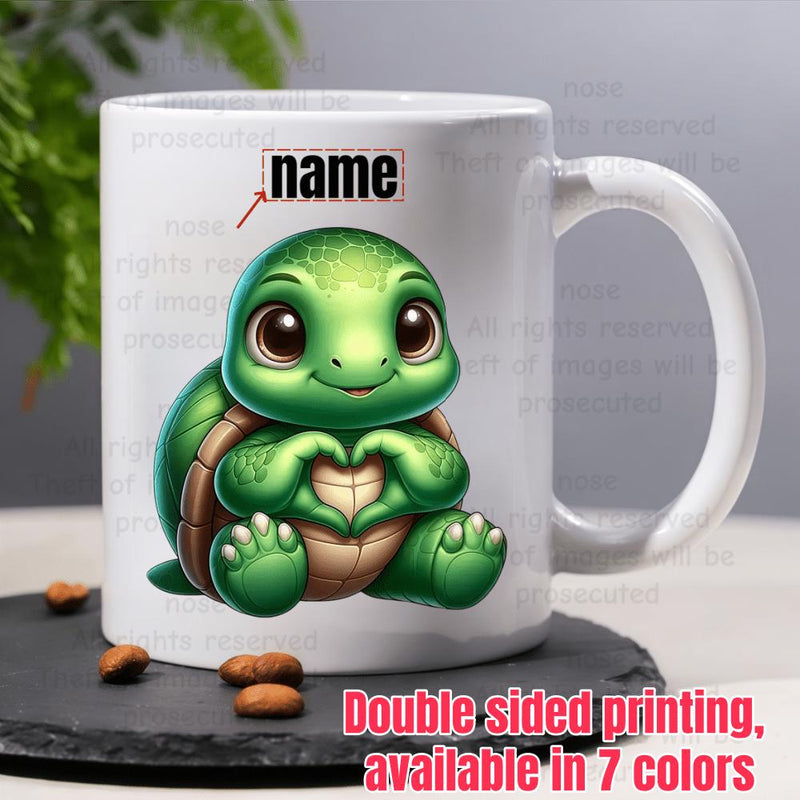 Tailorly White Ceramic 11 oz Mug - Name Adorable Green Baby Sea Turtle Forming Heart Shape With Flippers Turtle