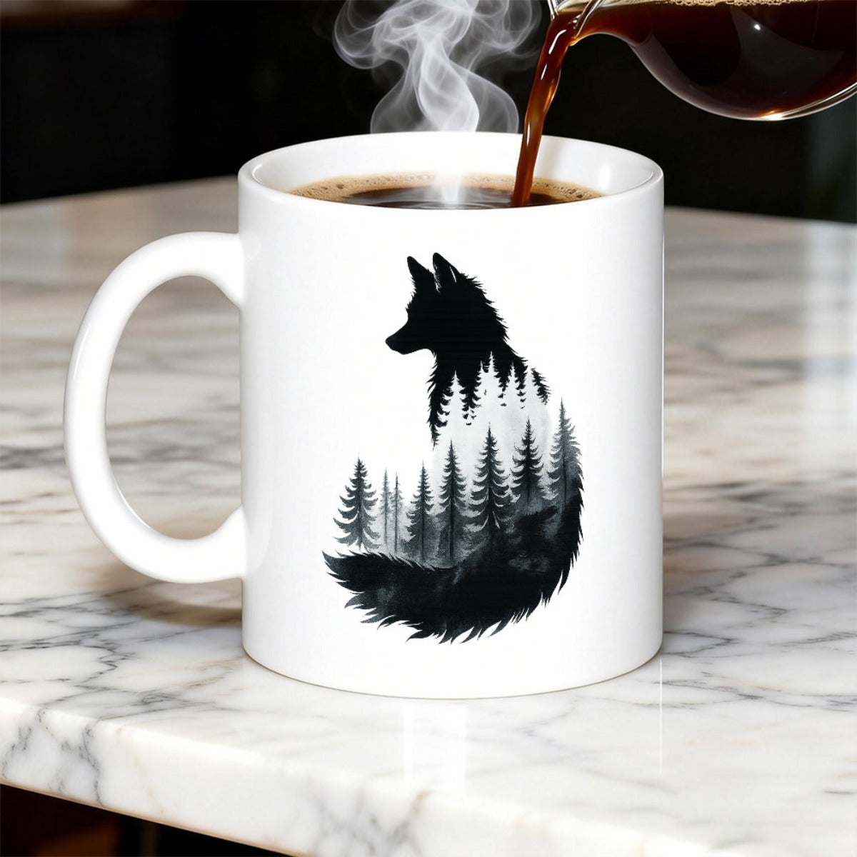 Tailorly White Ceramic 11 oz Mug - Mystical Pine Forest Landscape Nested Within A Sitting Wild Animal Wolf