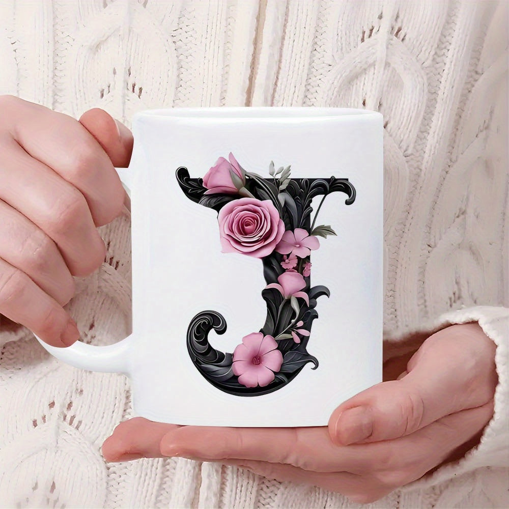 Tailorly White Ceramic 11 oz Mug - J Ornate Black Letter Adorned With Pink Roses And Delicate Blooming Petals Monogram