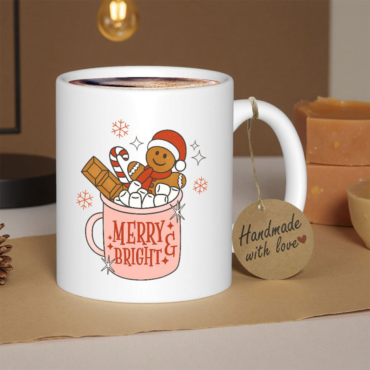 Tailorly White Ceramic 11 oz Mug - Merry Bright Festive Hot Cocoa Filled With Marshmallows And Sweet Smiling Gingerbread Man