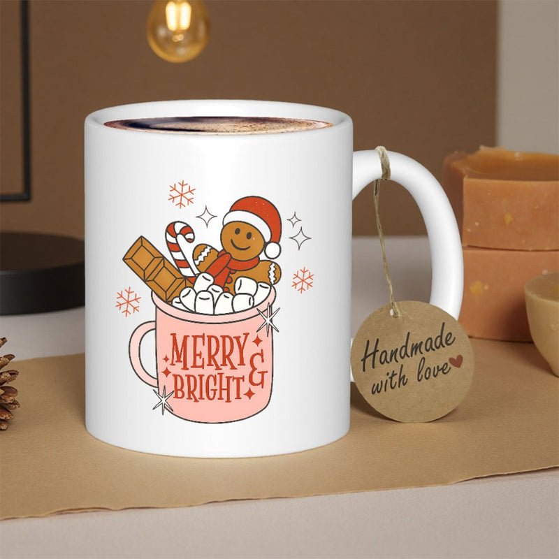 Tailorly White Ceramic 11 oz Mug - Merry Bright Festive Hot Cocoa Filled With Marshmallows And Sweet Smiling Gingerbread Man