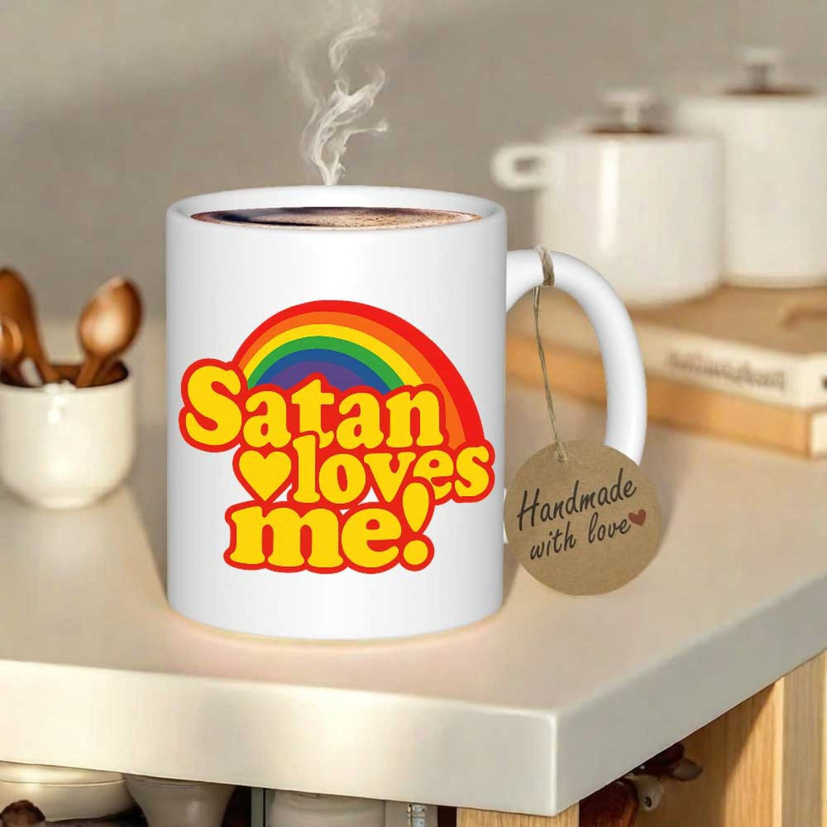 Tailorly White Ceramic 11 oz Mug - Satan Loves Me Vibrant Colorful Rainbow With A Small Heart Symbol On Mug