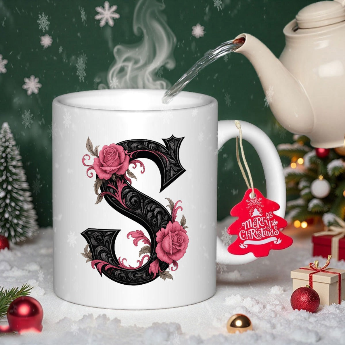 Tailorly White Ceramic 11 oz Mug - Merry Christmas Elegant Ornate Black Monogram Decorated With Pink Roses And Floral Twirls Letter S