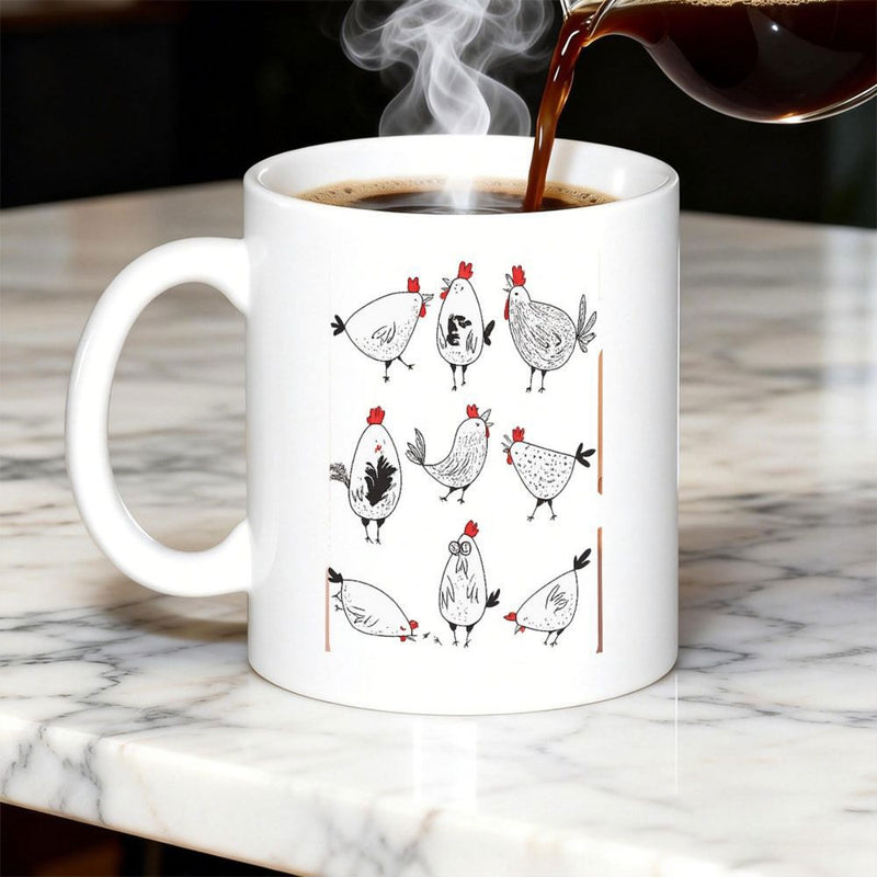 Tailorly White Ceramic 11 oz Mug - Whimsical Hand Drawn Sketch Of Diverse Quirky Artistic Country Life Garden Chicken