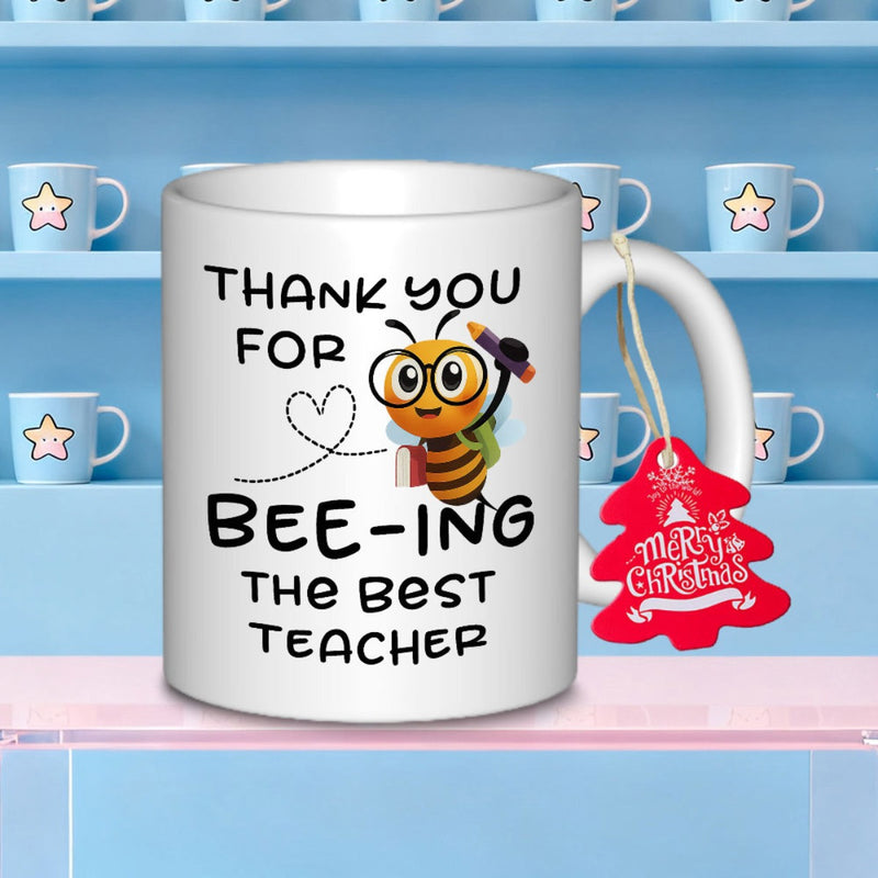 Tailorly White Ceramic 11 oz Mug - Thank You For Bee-ing The Best Teacher Adorable Cartoon Character Wearing Glasses Holding Pencil And School Books Bee