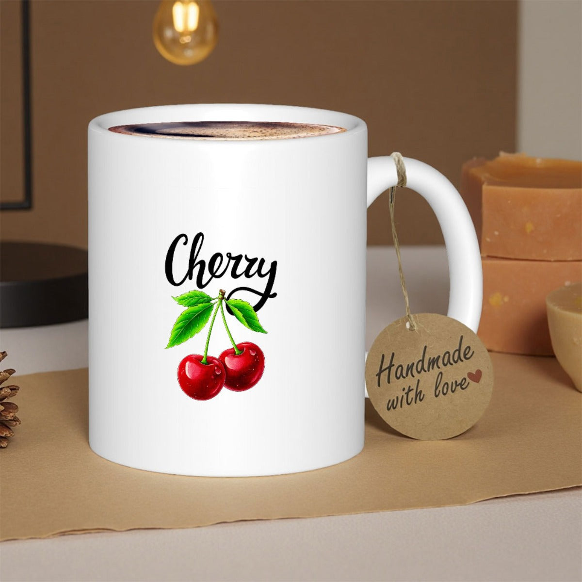 Tailorly White Ceramic 11 oz Mug - Cherry Handmade With Love Two Vibrant Red Fruit Hanging From Lush Green Leaves Cherry
