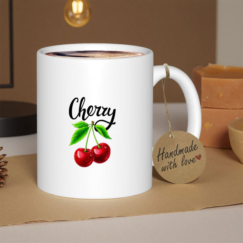 Tailorly White Ceramic 11 oz Mug - Cherry Handmade With Love Two Vibrant Red Fruit Hanging From Lush Green Leaves Cherry