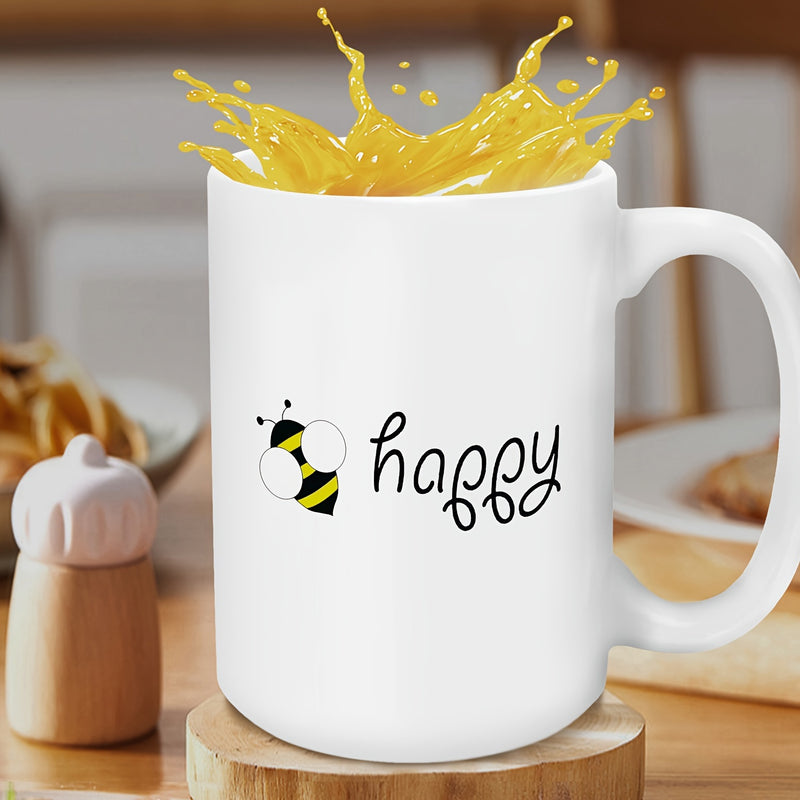 Tailorly White Ceramic 11 oz Mug - Happy Cartoon Bumblebee With Small Wings Flying Next To Handwritten Text Lettering Bee