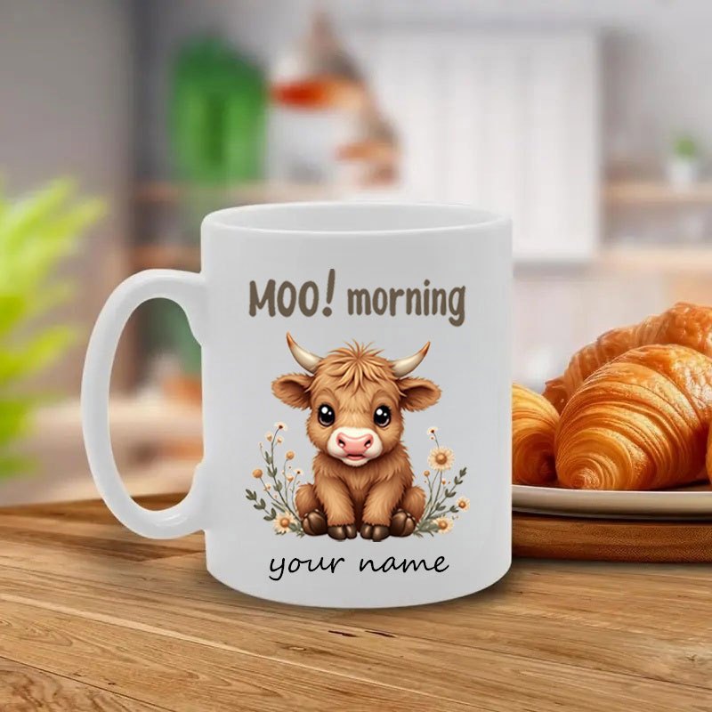 Tailorly White Ceramic 11 oz Mug - Moo Morning Your Name Adorable Baby Highland Cow Sitting Among Delicate Wildflowers And Grass Cow