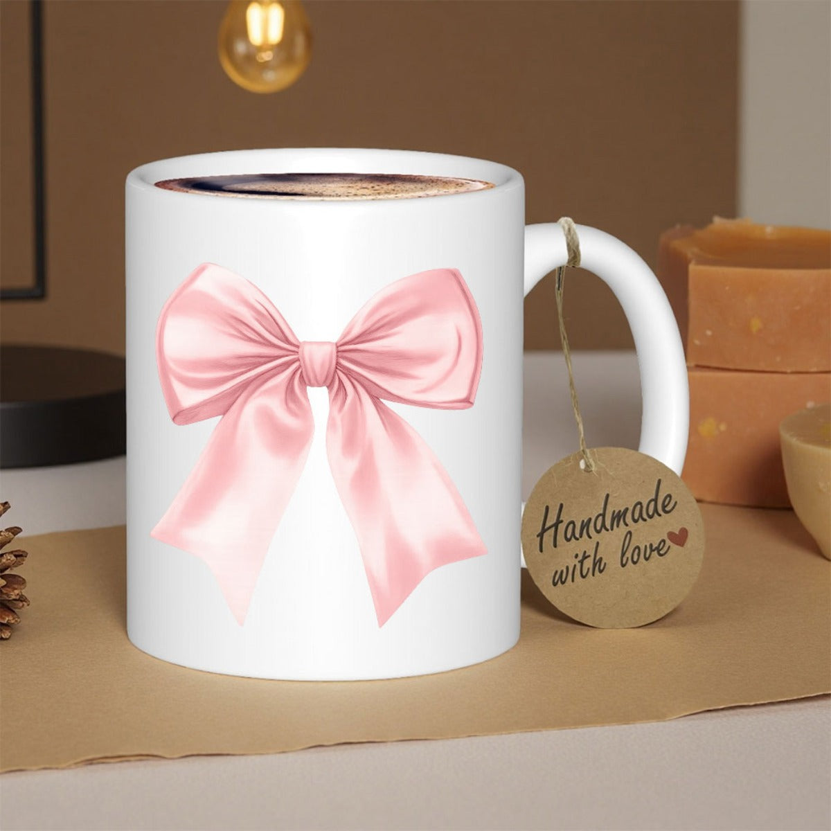 Tailorly White Ceramic 11 oz Mug - Soft Pink Satin Ribbon Elegant Texture Gracefully Tied Decorative Silk Bow