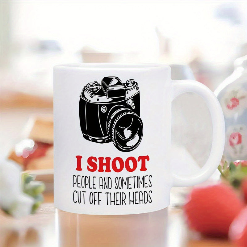 Tailorly White Ceramic 11 oz Mug - I Shoot People And Sometimes Cut Off Their Heads Classic Vintage SLR Graphic With Bold Red Accents Camera