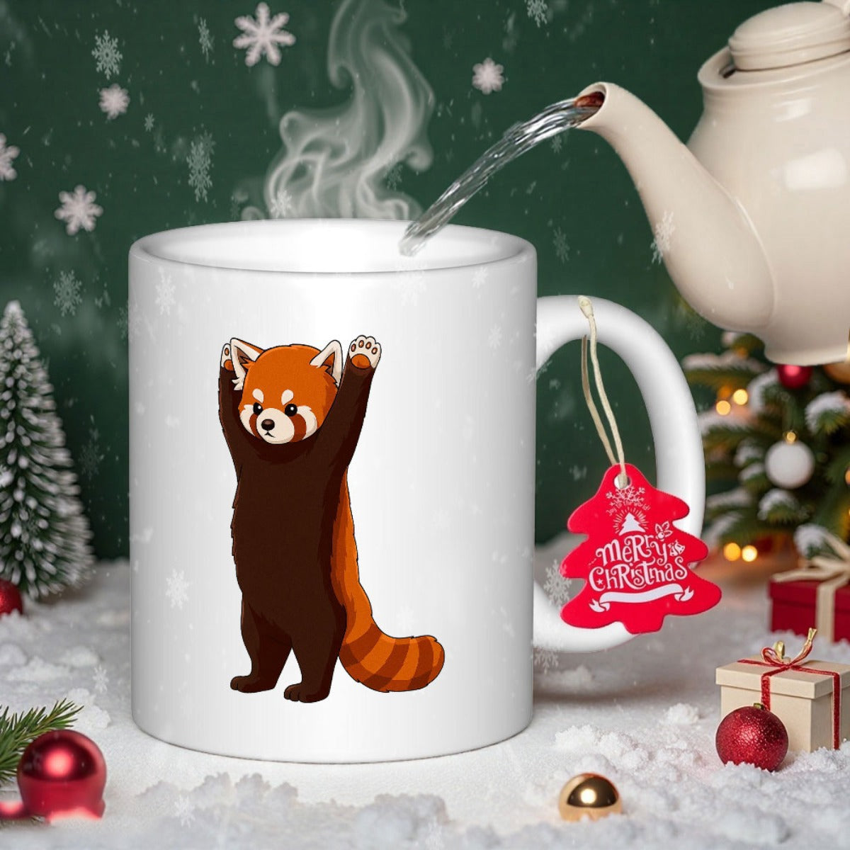 Tailorly White Ceramic 11 oz Mug - Merry Christmas Cute Cartoon Animal Standing Upright With Paws Raised In Snowy Winter Red Panda