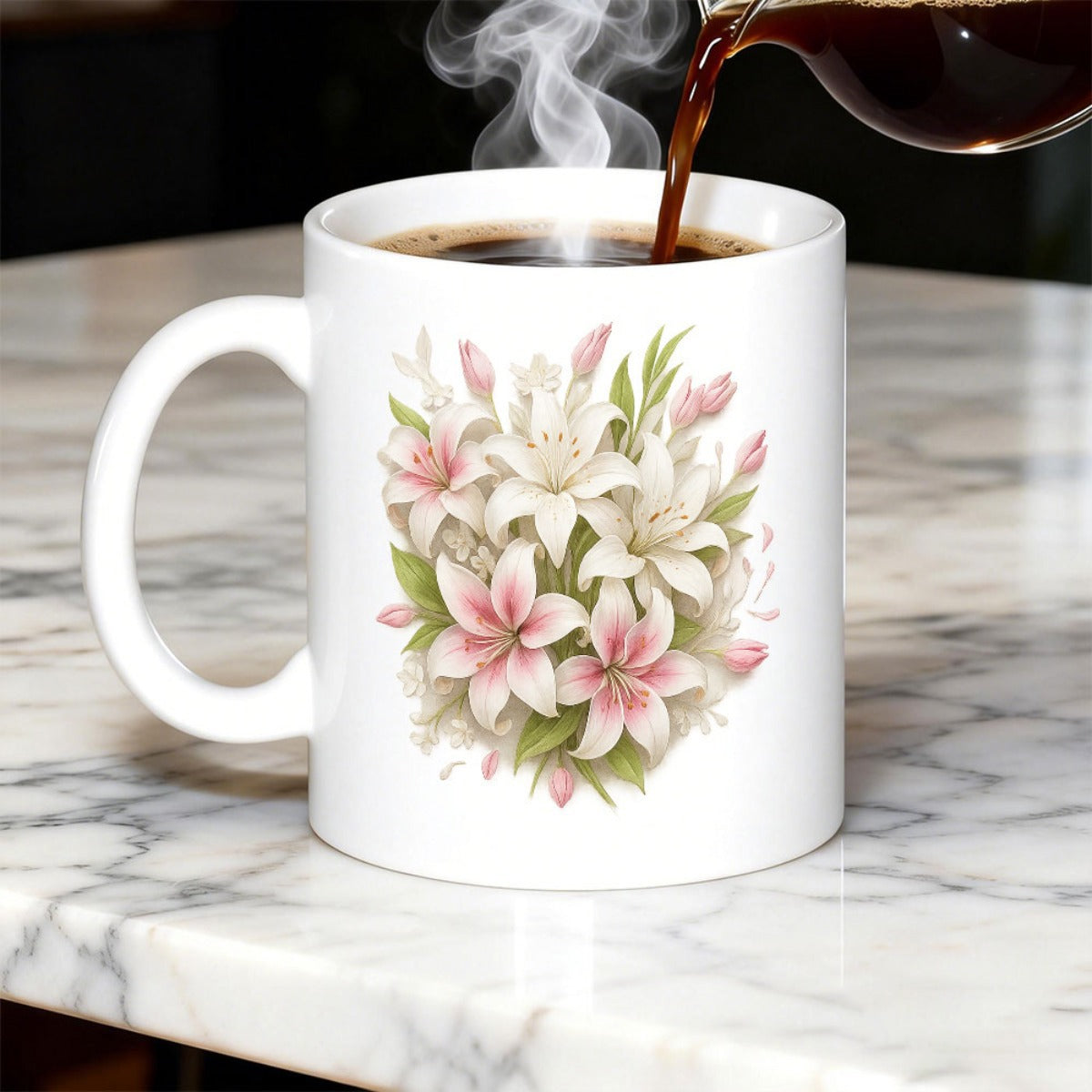 Tailorly White Ceramic 11 oz Mug - Delicate Pink And White Lilies With Green Leaves In Soft Watercolor Style Lily