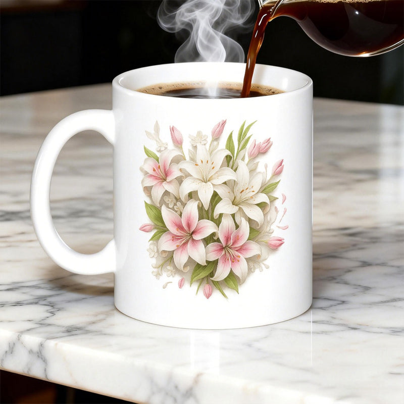 Tailorly White Ceramic 11 oz Mug - Delicate Pink And White Lilies With Green Leaves In Soft Watercolor Style Lily