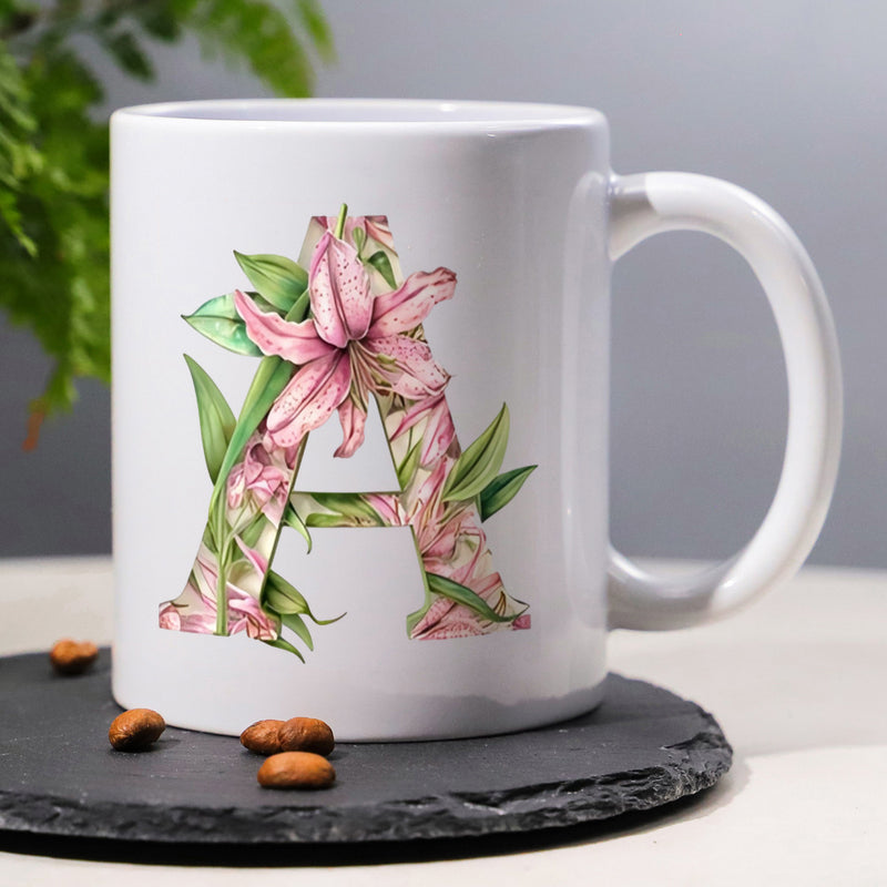 Tailorly White Ceramic 11 oz Mug - A Elegant Pink Floral Pattern Contained Inside A Beautiful Serif Letter Lily